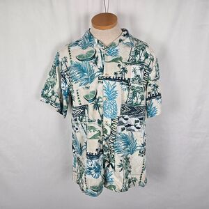 Newport Blue Corona Shirt Men's L White Blue Hawaiian Button Down Short Sleeve